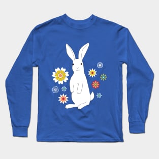 Sunshine Rabbit with flowers - Easter Bunny - white, yellow and teal - by Cecca Designs Long Sleeve T-Shirt